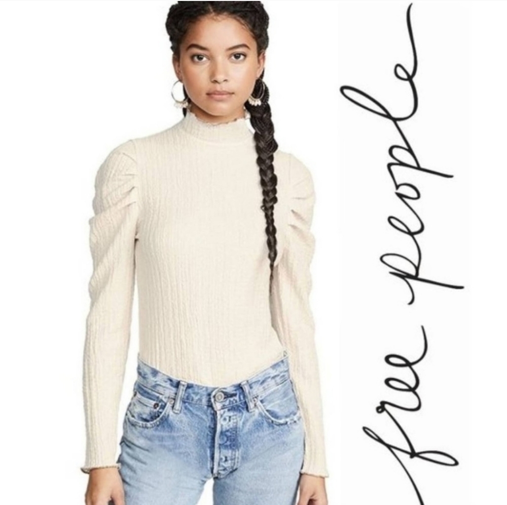 FREE PEOPLE Ela Mock Neck Puff Sleeve Cream Blouse Medium - Picture 1 of 6